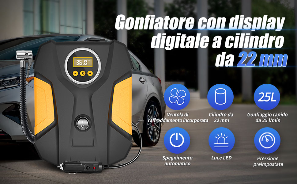 Compressore Aria Portatile 160PSI Per Auto - 37L/min, Batteria E Alimentazione 12V, Con Display LCD