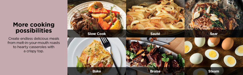 slow cooker, saute,sear,bale braise, steam