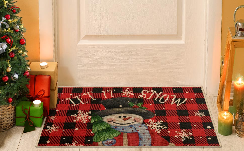 Christmas Door Mat Outdoor, Snowman Buffalo Plaid Indoor