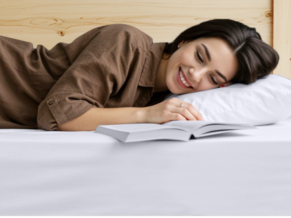 A white pillow on a bed with light gray bedding. An open book rests on the pillow, suggesting use for comfortable reading or studying in bed.