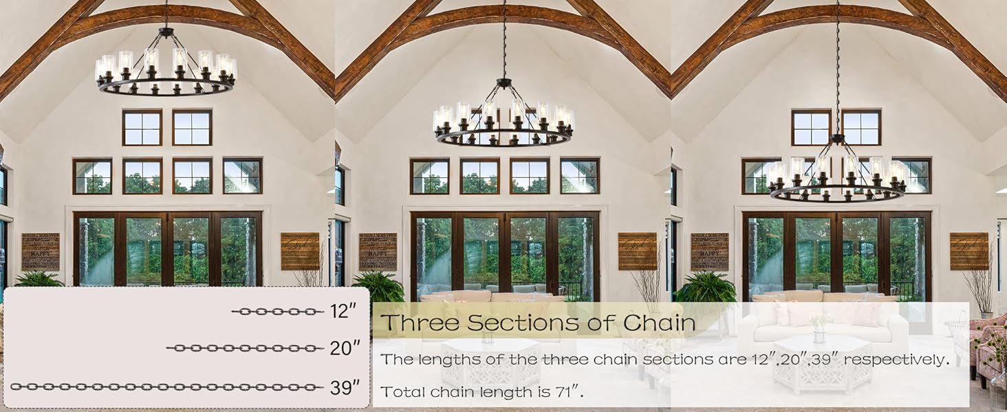 Height Adjustable 40 Inch Black Wagon Wheel Chandelier with Glass Shade