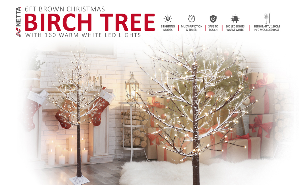 NETTA 6FT Birch Twig Tree with 160 Warm White LED Lights, Snow Effect