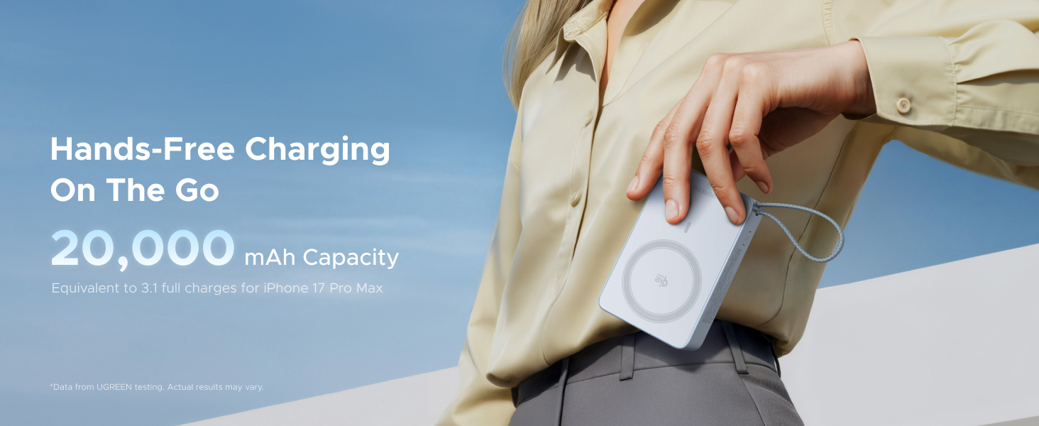 Text reads 'Hands-Free Charging On The Go' and '20,000 mAh Capacity'. Shows portable charging device in outdoor setting.