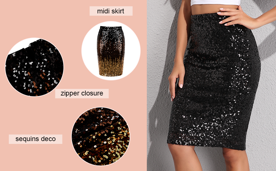 Amazon.com: kayamiya Women's Sequin Cocktail Skirt High Waist Stretchy  Glitter Bodycon Pencil Skirts S Black : Clothing, Shoes & Jewelry