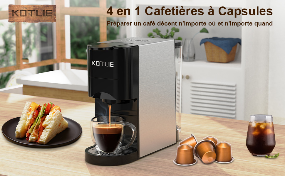 KOTLIE Espresso Coffee Machine, 4in1 Coffee Machine for Nespresso Original/Dolce Gusto/Flour