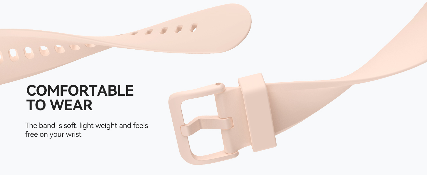 Soft pink silicone watch band with adjustable buckle closure, featuring ventilation holes and promotional text about comfort.