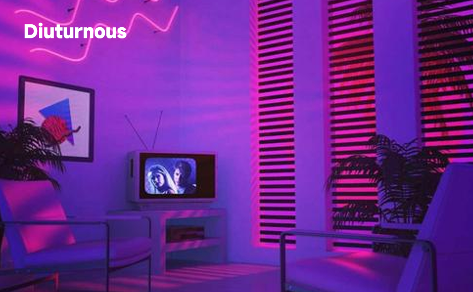 Vibrant purple-lit room with LED strips, featuring a TV, sofa, and plants. The word 'Diuturnous' is displayed in pink text at the top left.