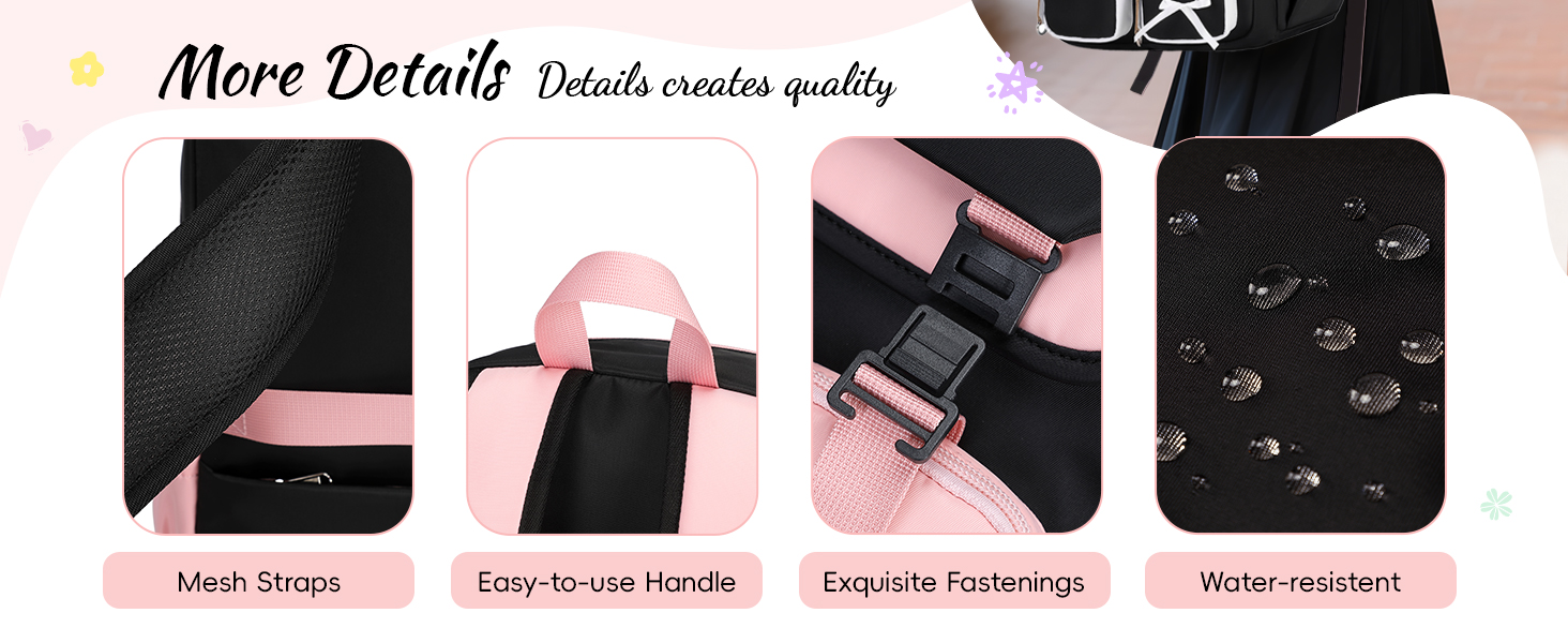 Caractéristiques principales d'un sac : sangles en maille, poignée facile à utiliser, fermetures raffinées et matériau résistant à l'eau. Les images montrent des détails en tissu noir et rose.