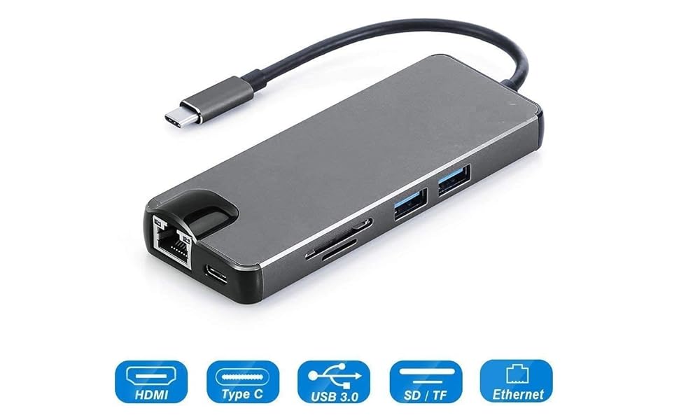 Technotech USB C Type HUB 8 in 1 Adapter, TypeC to USB 3.0 Ports, 4K