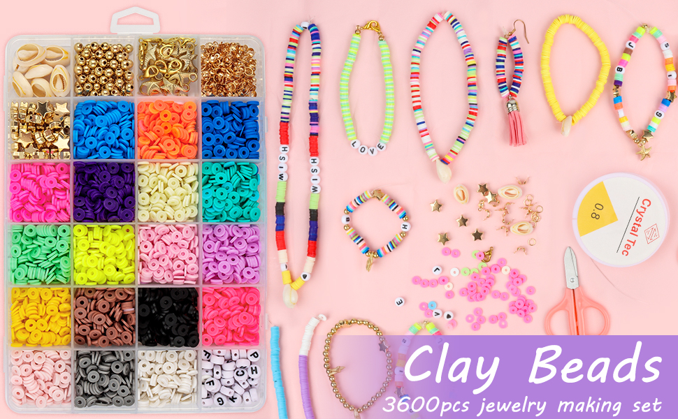 24 Color Clay Beads Bracelet Making Kit,3600 Pcs Flat Polymer Clay