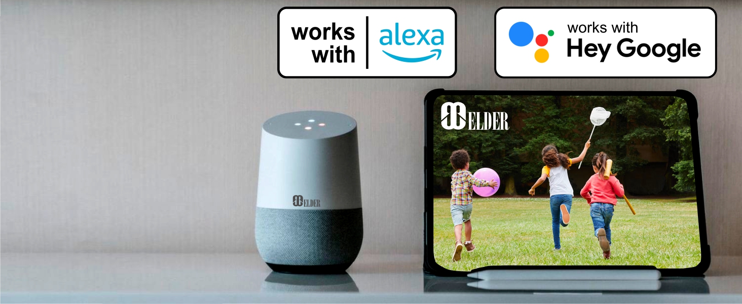 Elder floodlight camera is compatible with Alexa and Google Assistant smart home devices.