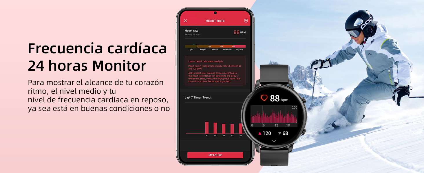 Reloj inteligente y smartphone que muestran datos de frecuencia cardíaca. La esfera roja del reloj muestra un «88» con el icono de un corazón. El esquiador en segundo plano sugiere el uso de un monitor de actividad física