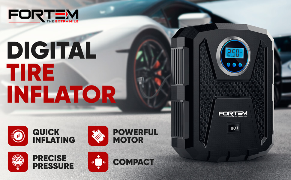 FORTEM Tyre Inflator Air Compressor, Car Tyre Pump, Car Tyre Inflator