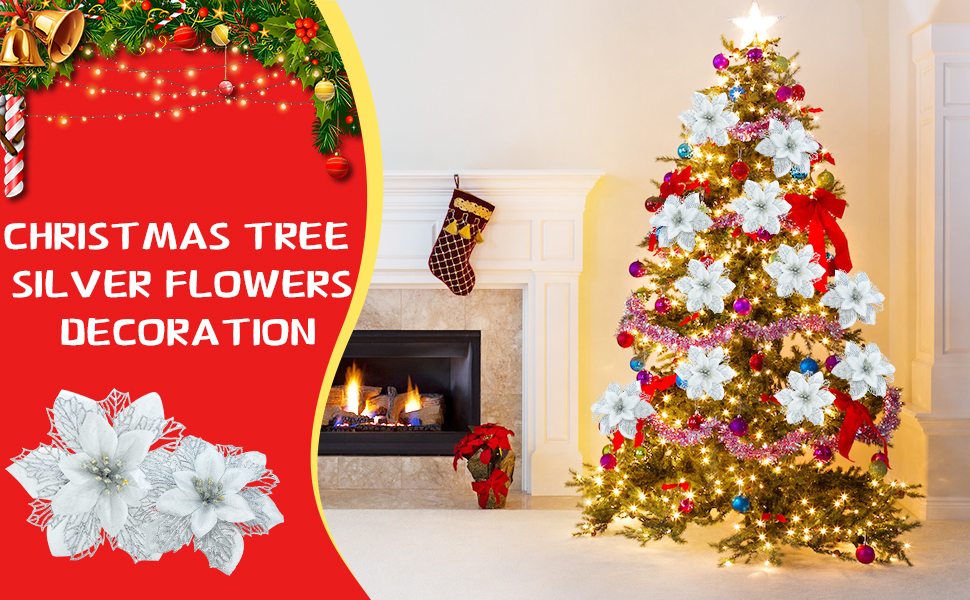 DIYASY Silver Christmas Tree Flowers, 24 Pcs Glitter Poinsettia