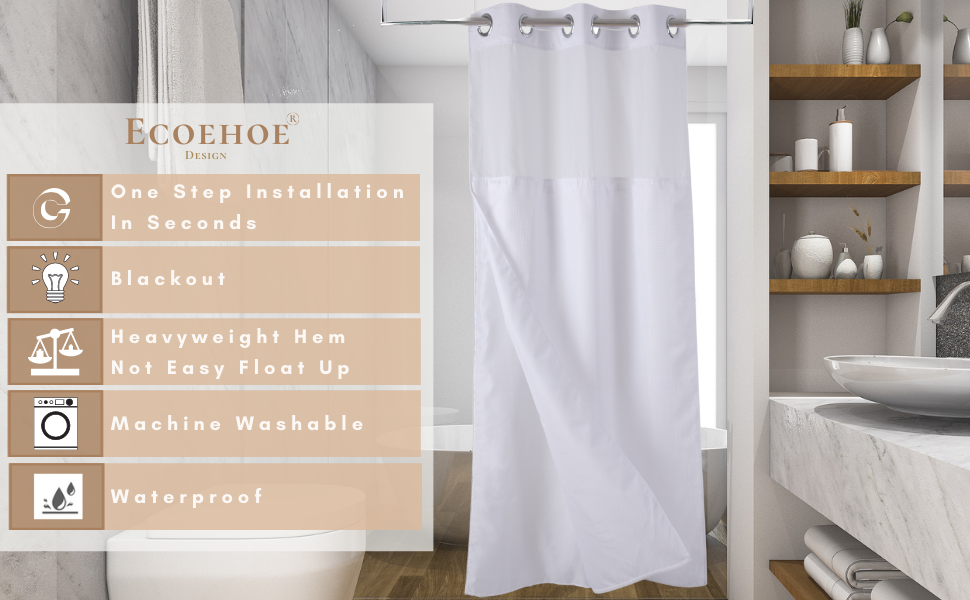 Ecoehoe 36" W x72“ L Hook Free Fabric Stall Shower Curtain with Polyester Snapin