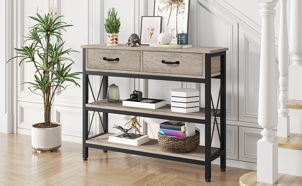 Yaheetech 3 Tier Console Table with 2 Drawers, Industrial Entryway Sofa