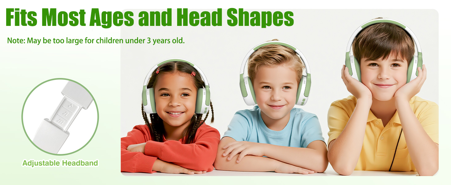 Text reads 'Fits Most Ages and Head Shapes'. Advertisement showing children wearing headphones with adjustable headband feature highlighted.
