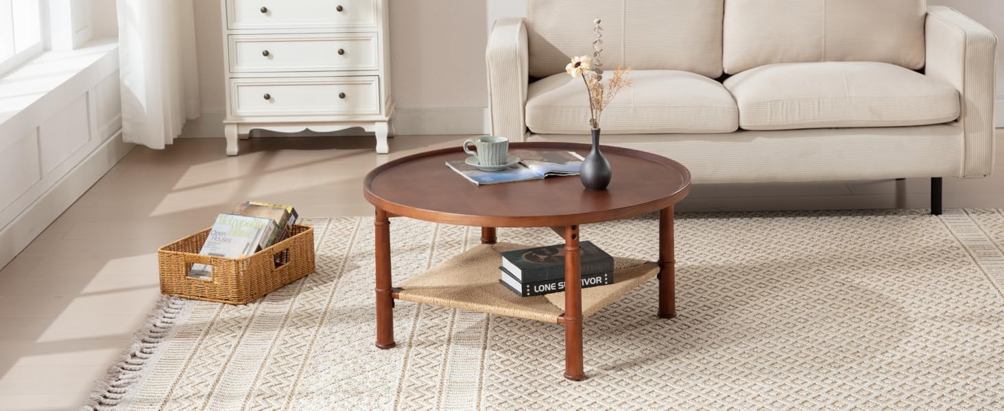 ROCITY Walnut Wood Coffee Table Round Coffee Table Wooden