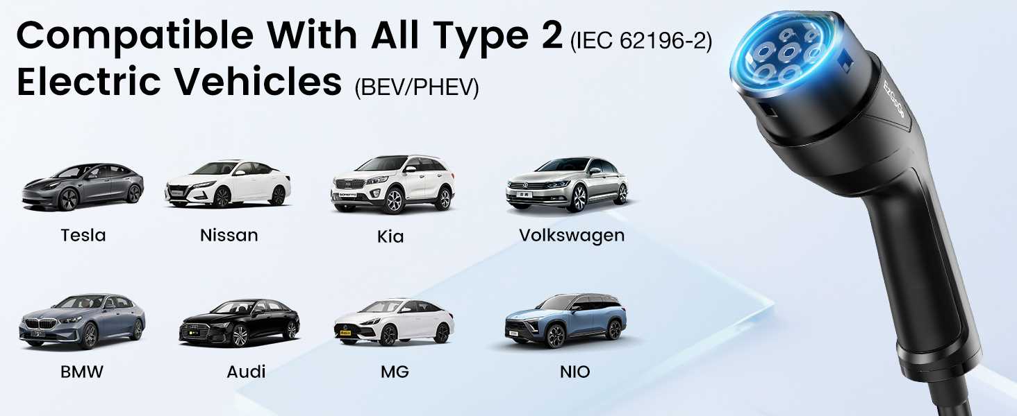 Electric vehicle charging connector with blue-lit socket, compatible with Type 2 (IEC 62196-2) EVs. Icons show compatibility with Tesla, Nissan, Kia, Volkswagen, BMW, Audi, MG, and NIO vehicles.
