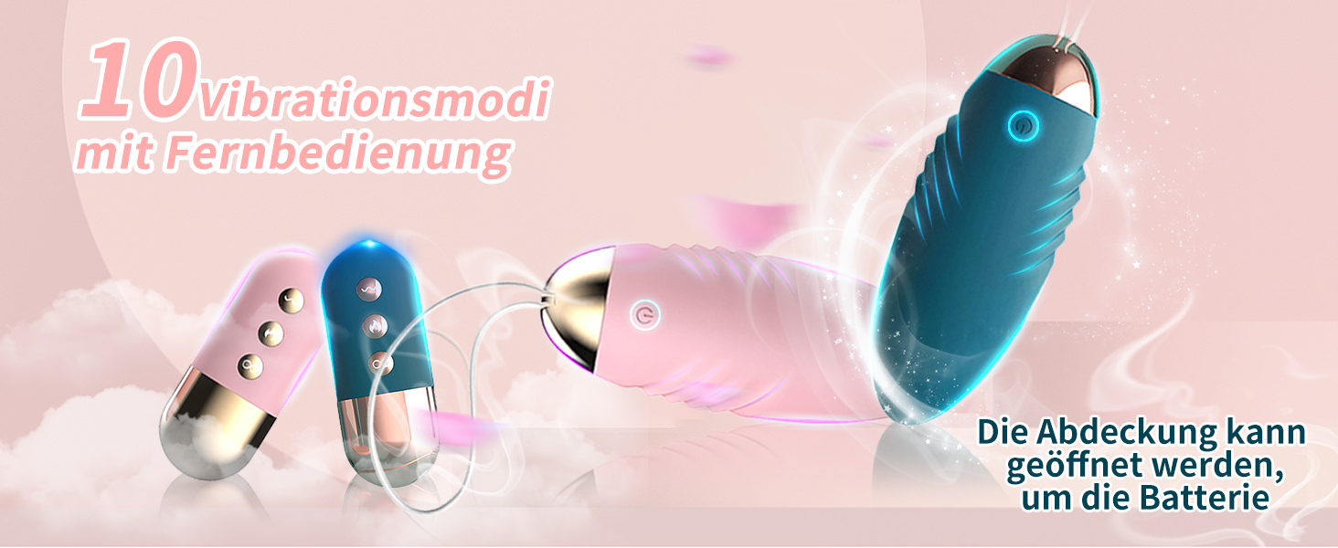 Sortiment an vibrierenden Geräten in Blau, Rosa und Weiß. Der Text zeigt 10 Vibrationsmodi mit Fernbedienung an. Batteriefach sichtbar.