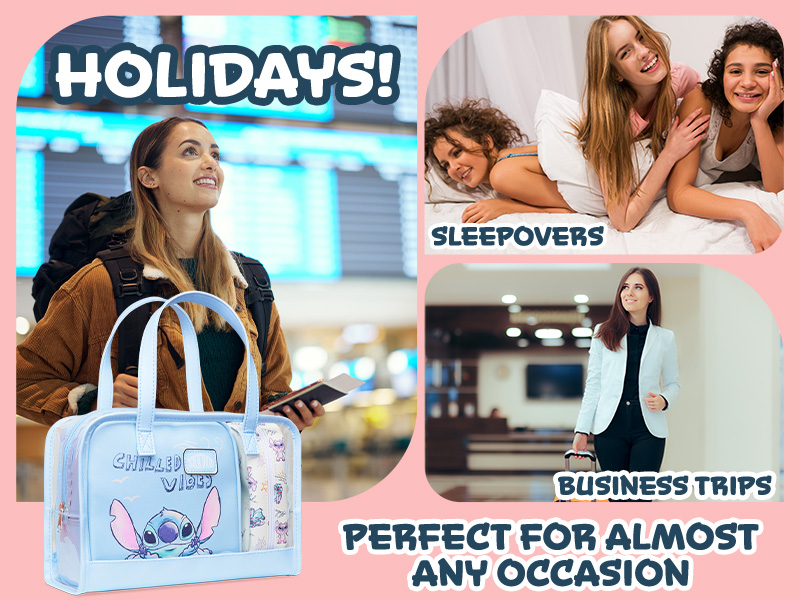 Borsa da viaggio blu chiaro con il design dei personaggi di Stitch con immagini promozionali che mostrano vari casi d'uso tra cui vacanze, pernottamenti e