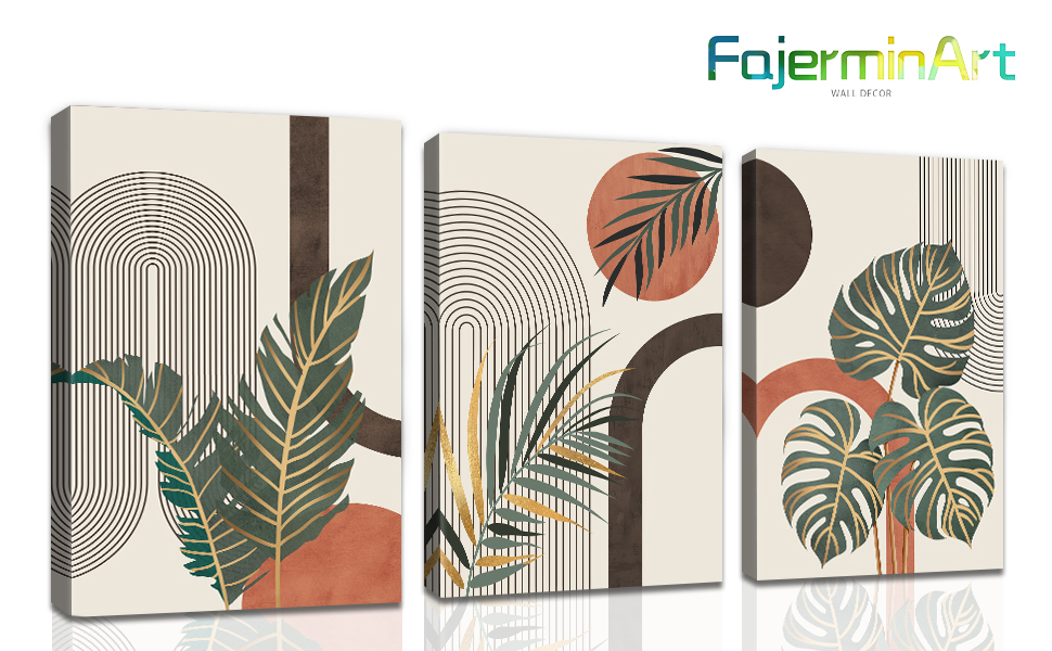Three-piece canvas wall art set featuring abstract geometric shapes, arches, and tropical leaf motifs in earthy tones. Modern, minimalist design with green, orange, and brown elements.