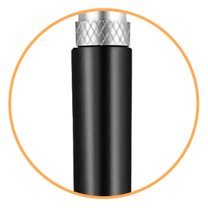 Dog Whistle High Frequency Quiet Ultrasonic Anti Bark Accessory with Lanyard, Adjustable Dog Whistle for All Breeds, Black 18 Recipiente cilíndrico de metal negro con una tapa con textura plateada, posiblemente un termo o una botella de agua. Un borde circular naranja rodea la imagen
