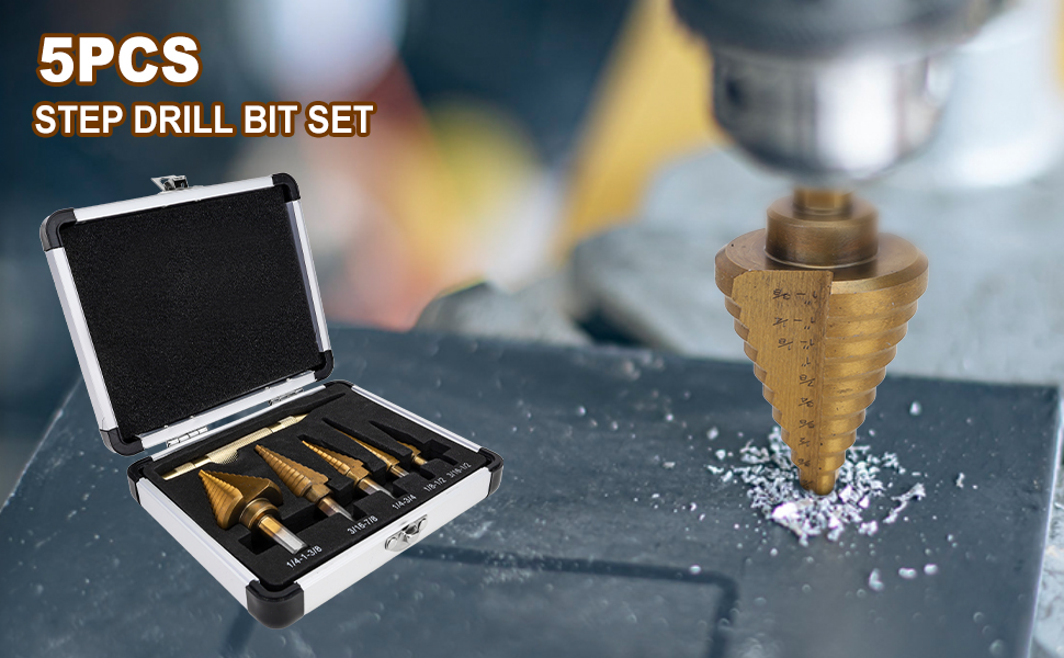 Step Drill Bit Set 5 Titanium Coated Hss Step Bit & Automatic Center