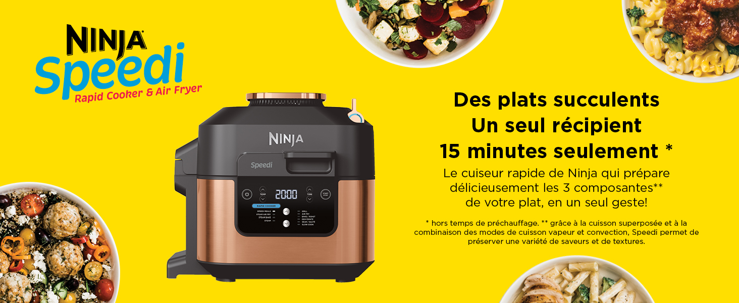 Ninja Speedi 10-en-1 Cuiseur rapide, Air Fryer, Friteuse à air et Multicuiseur, 5.7L, Repas pour 4 en 15 minutes, Vapeur, Gril, Cuire au four, Rôtir, Saisir, Mijoter et plus, Gris Sel de Mer, 12 Ninja Speedi 10-en-1 Rapid Cooker Air Fry (Frire sans huile), Rôtir, Grill, Slow Cook, cuivre / noir