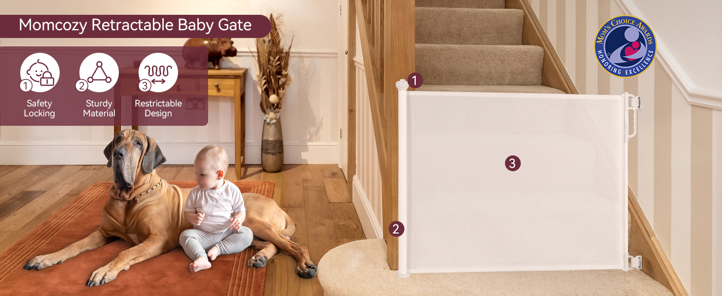 Momcozy Retractable Stair Gate for Baby, Extends up to 140cm Wide, 83cm