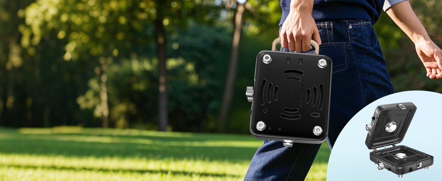 The stove features a foldable design