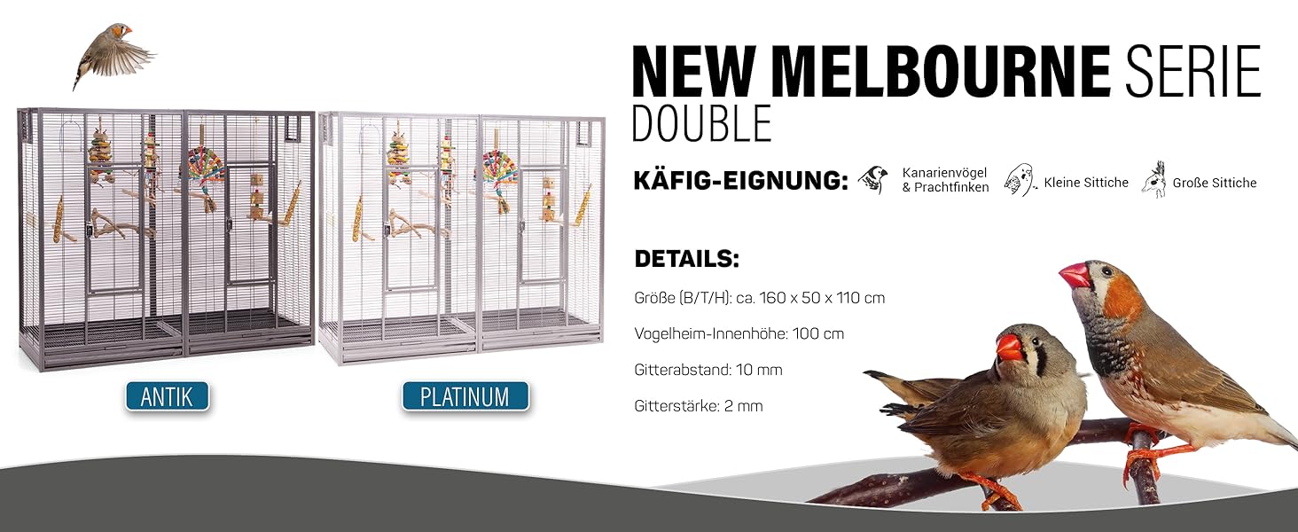 Vogelkäfige mit der Aufschrift „New Melbourne Serie Double“ mit technischen Daten. Bilder von Finken neben den Käfigen. Der Text enthält Details zum Produkt