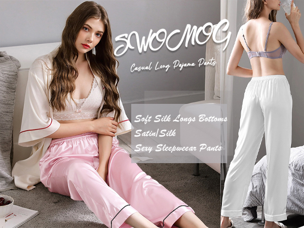 SWOMOG Women's Silk Satin Pants Wide Leg Pajama Bottoms
