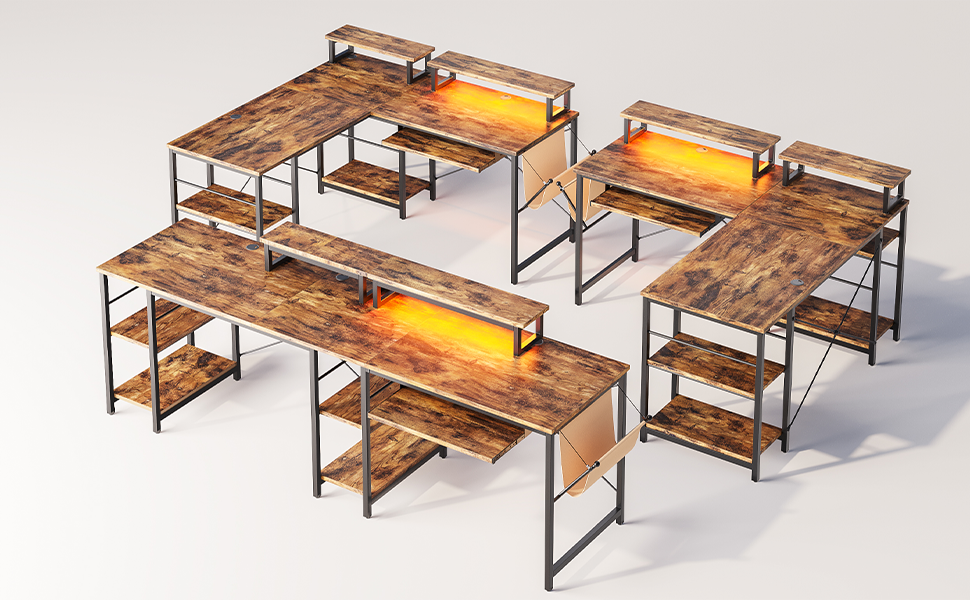 Bestier L Shaped Gaming Desk Computer Desk with LED Lights Monitor