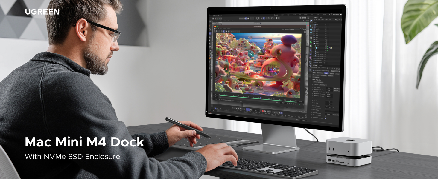 Mac Mini M4 Dock with NVMe SSD enclosure. Sleek silver device connected to monitor, keyboard, and external drive. Person using stylus on graphics tablet, editing colorful image on screen.