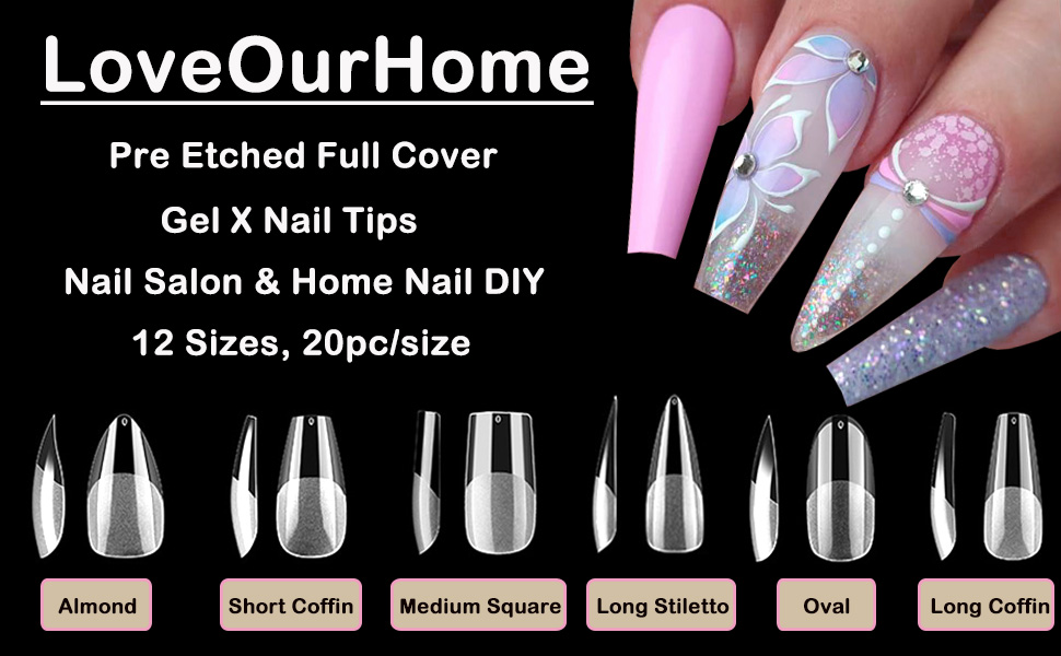 LoveOurHome 240pc Medium Gel X Nail Tips Clear Coffin Fake