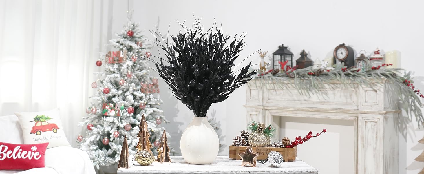 RoseCraft 10PCS Christmas Tree Decorations, Artificial Glitter Berry Stems Branches