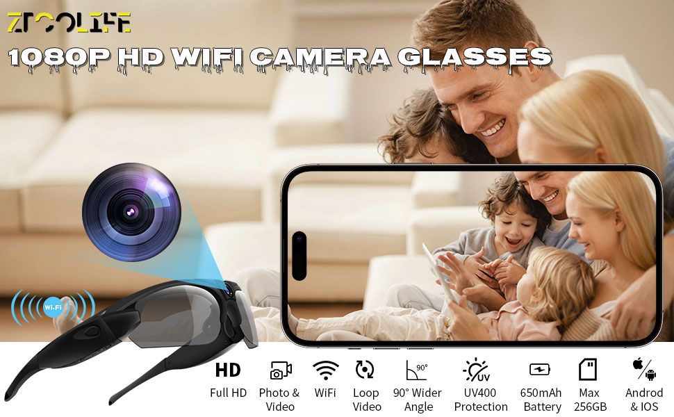 ZTCOLIFE Superior Camera Glasses, WiFi Video Glasses HD 1080P, Camera Sports Sunglasses
