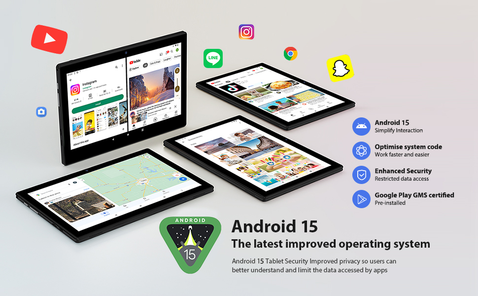 El texto dice «Android 15» con el logotipo del escudo de seguridad. Muestra varios dispositivos que muestran interfaces de aplicaciones con íconos de redes sociales para YouTube, Instagram, Snapchat y otras plataformas.