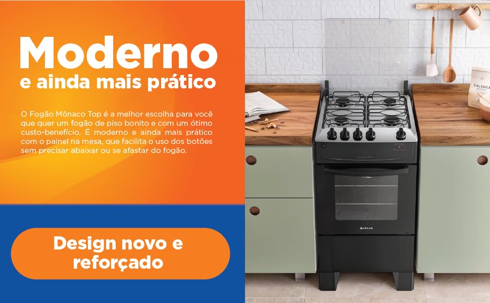 Fogão 4 Bocas Preto com Mesa Inox Atlas Mônaco Top Bivolt 