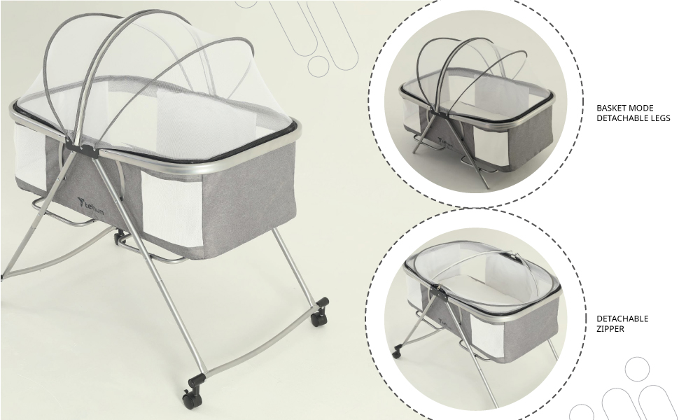 Teknum 3-IN-1 Baby Cot/Cradle w/ Mosquito net & Wheels - Dark Grey