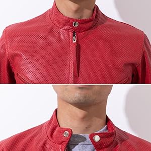 【新品】パンチングレザージャケット / 柔らかいバッファロー生地（赤） 激シブ 完全防備牛革パンチング/ライダース ハイブリッド