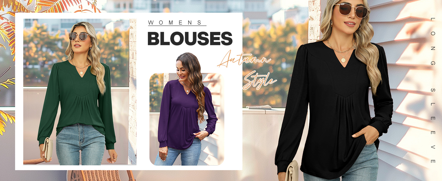 long sleeve shirt women work blouses v neck tops Womens Shirts Dressy Casual Puff Long Sleeve