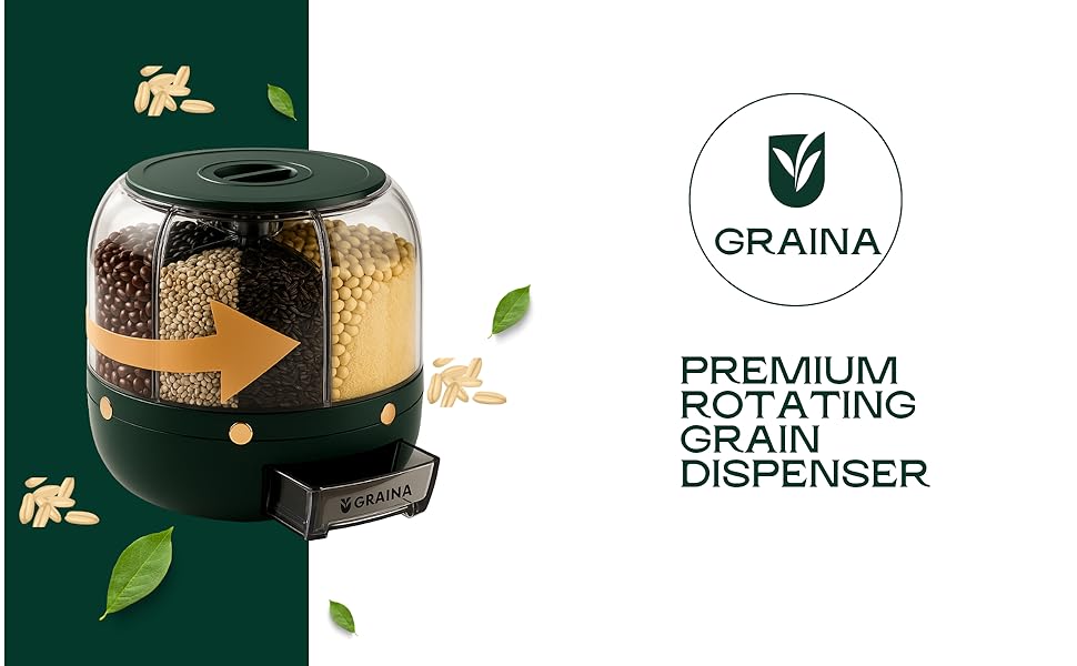 rotating grain dispenser on the left with Graina Logo on the right