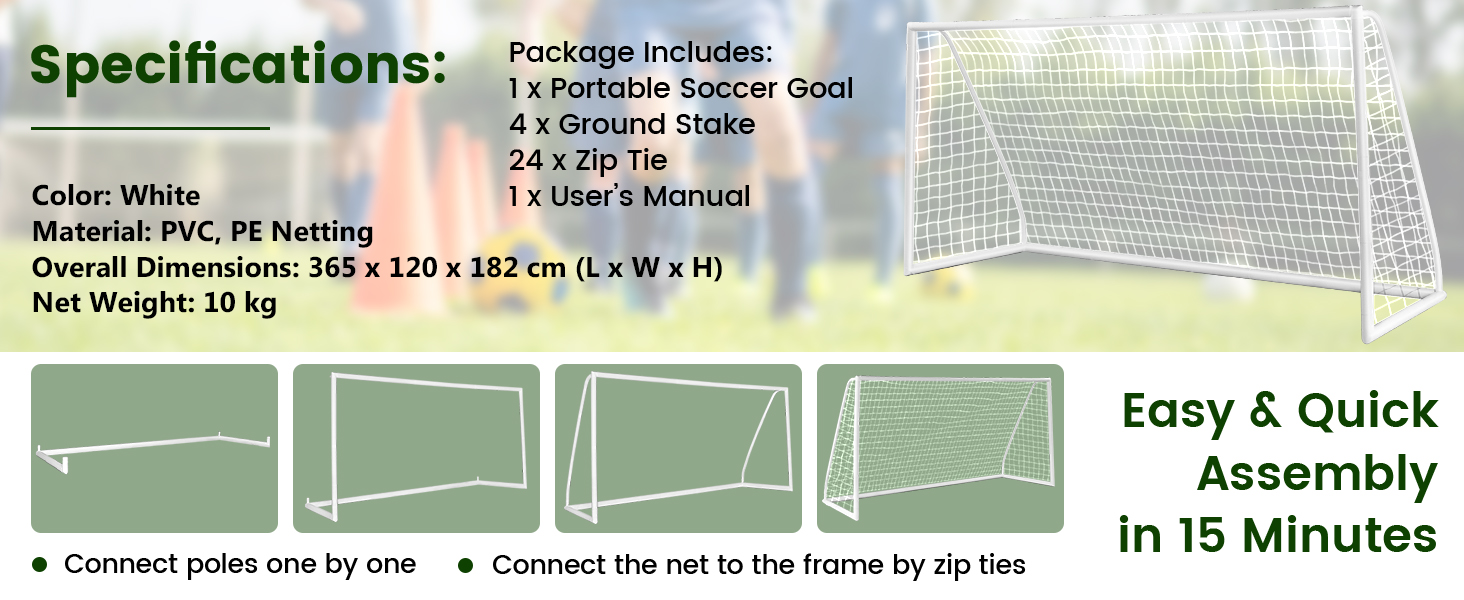 Costway 3.65M x 1.82M Soccer Goal All-Weather Soccer Goal W/Strong PVC Frame High-Strength Netting
