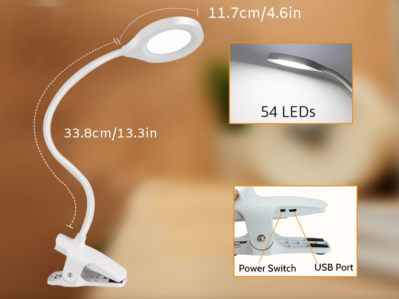 Akynite 8W Clip on Bedside Reading Lamp USB Rechargeable, Adapter