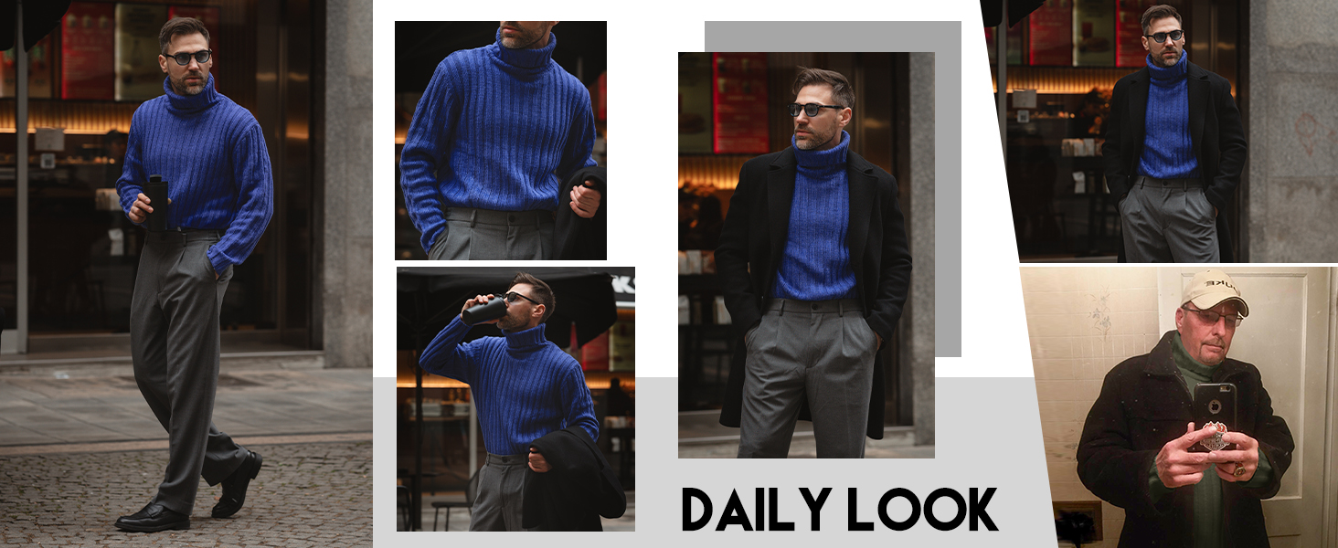Mens Sweaters Turtleneck Cable Knitted Pullover Long Sleeve Slim Fit Chunky Casual Warm Cardigans