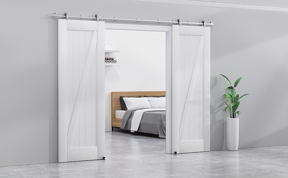 White double sliding barn doors on a metal track, partially open to reveal a bedroom. Clean, modern interior design.