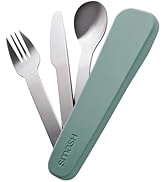 Portable cutlery set featuring fork, knife, and spoon in silver finish with sage green carrying case.