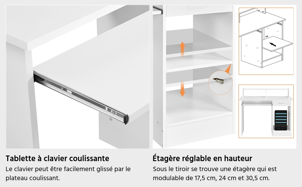 Composantes du mobilier : plateau coulissant pour clavier et étagère réglable en hauteur. Les schémas montrent l'installation et les dimensions des étagères réglables de 17,5 à 30,5 cm